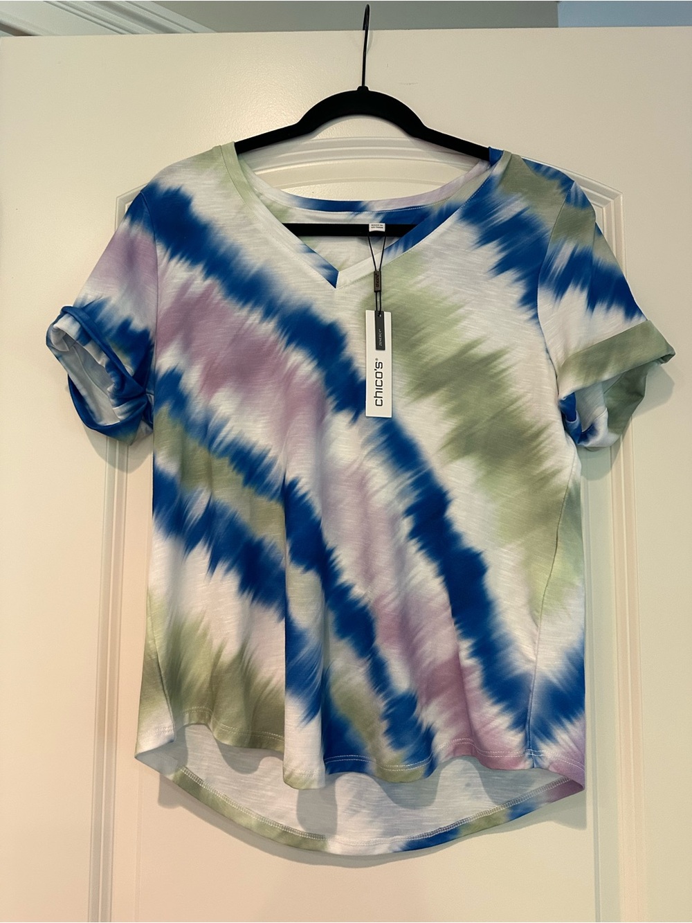 Chico's Short Sleeve V-Neck Tie-Dye Top in Blue, Green & Lavender